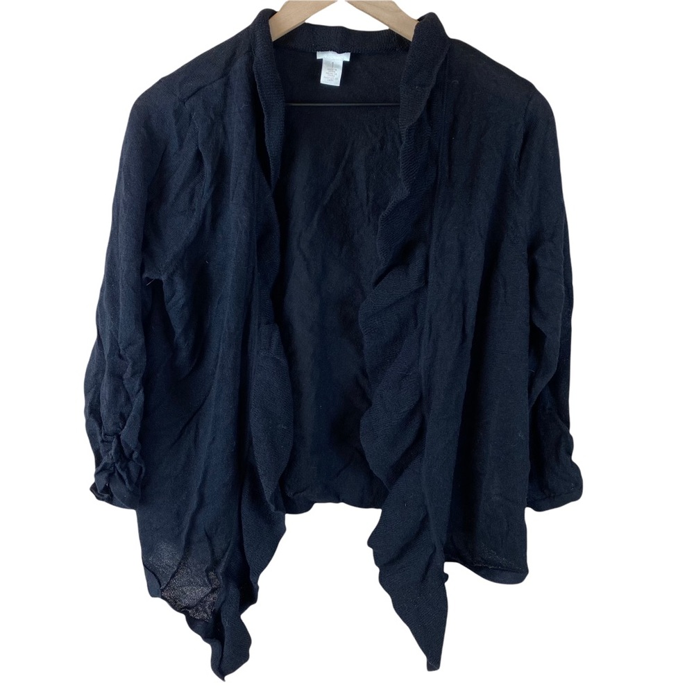 Chico’s Black Ruffle Ruched Short Cardigan Women’s size 1 Medium Y2K